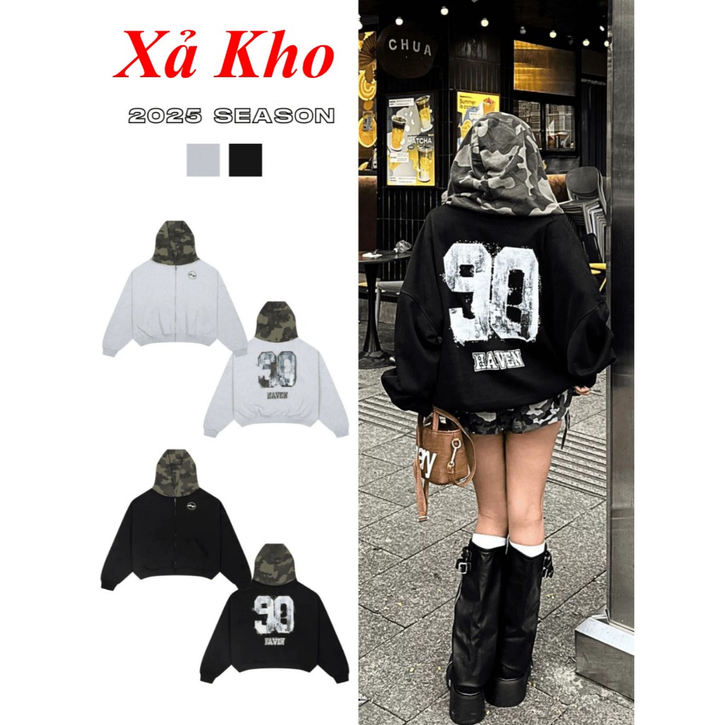 Áo Hoodie Zip Camo Form Boxy Nam Nữ – In Số 90, Phối Nón Rằn Ri, Chất ...