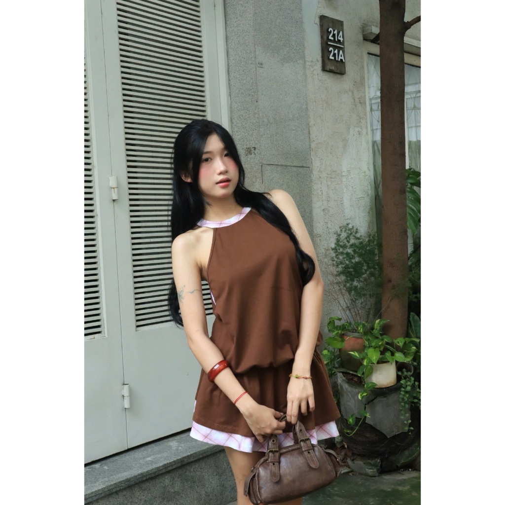 Đầm Nữ FYSION DRESS Cổ Yếm Phối Viền Caro Thời Trang Dạo Phố SECODEE