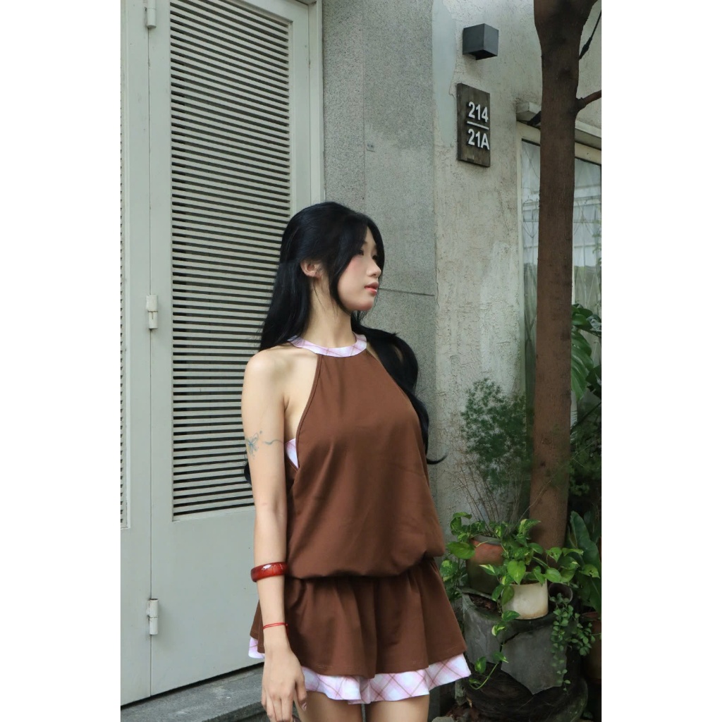 Đầm Nữ FYSION DRESS Cổ Yếm Phối Viền Caro Thời Trang Dạo Phố SECODEE