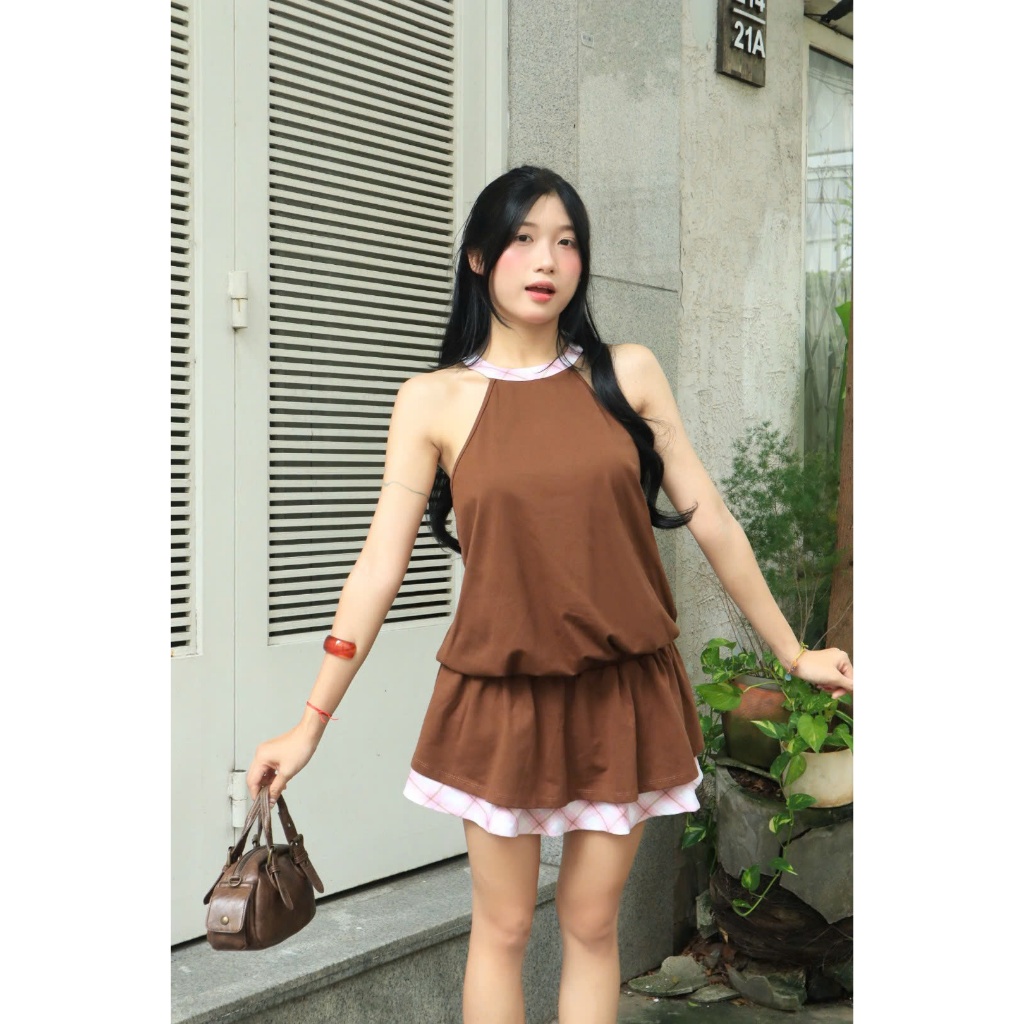 Đầm Nữ FYSION DRESS Cổ Yếm Phối Viền Caro Thời Trang Dạo Phố SECODEE