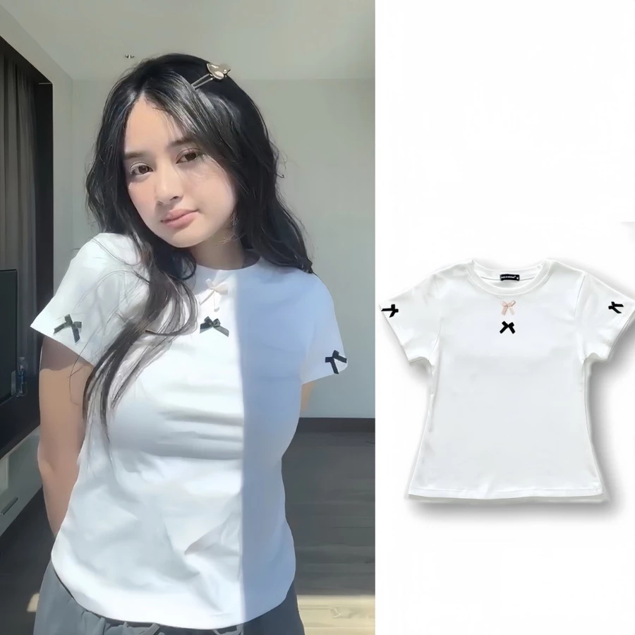 [Peinn][Bộ quần Suông Đũi Áo Nơ] Set bộ Quần Ống Suông Vải Đũi Vân Mây -Áo thun đính nơ dáng babytee Chất thun tăm