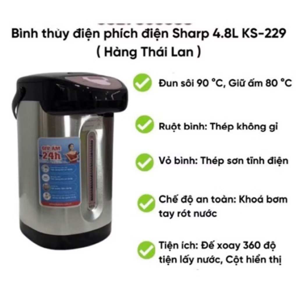 GIẢM GIÁ 60% Bình Thủy Điện Sharp KS-229 Dung tích 4.8 lít,Ấm siêu tốc Giữ nhiệt tốt, Sôi nhanh, Bảo hành chính hãng