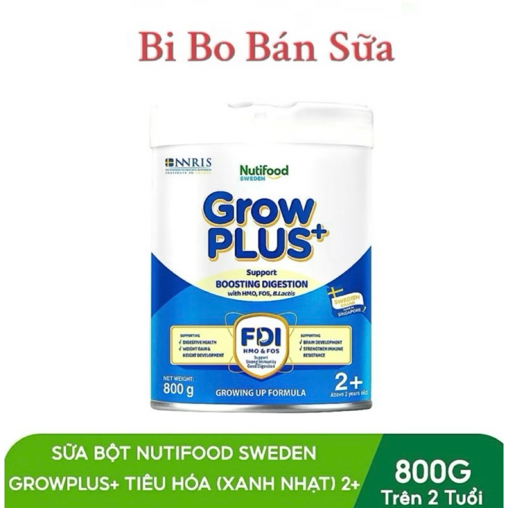 [ĐỦ SỐ] Sữa Bột Nutifood GrowPLUS+ Xanh Nhạt 0+/ 1+/ 2+ Lon 800g [Tiêu Hoá Khoẻ, Bé Tăng Cân]