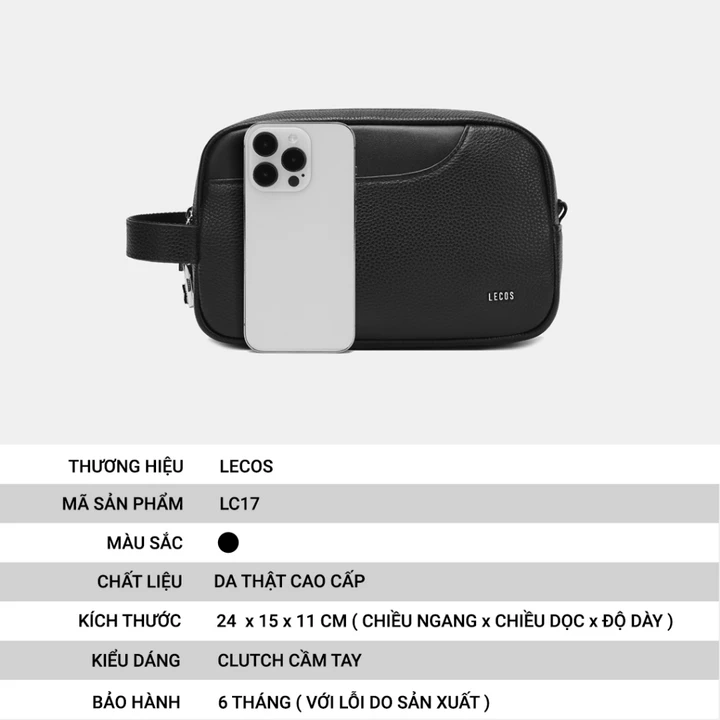 Túi Clutch Nam LECOS LC17 Da Bò Thật Phom Cứng Cáp May Tay Tỉ Mỉ