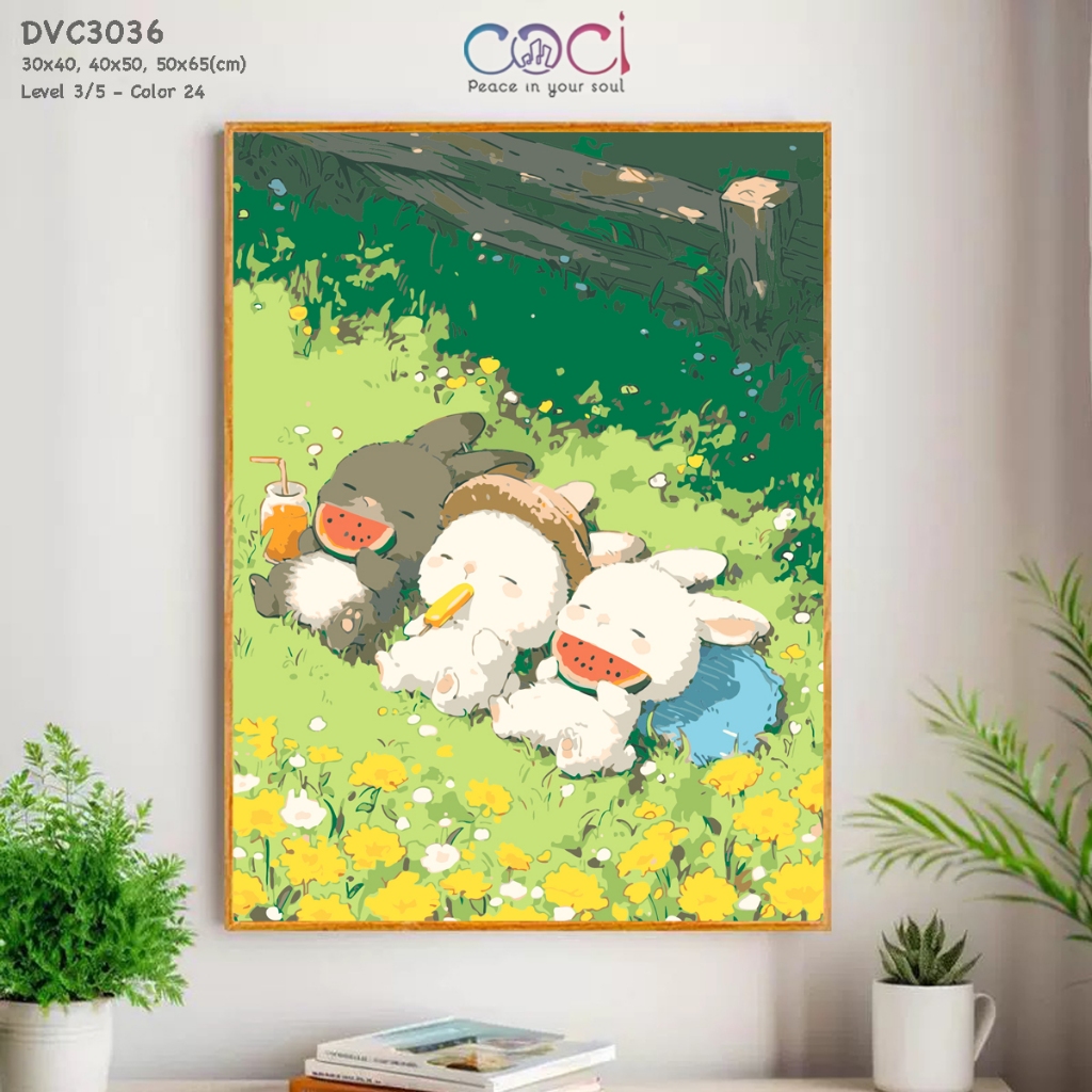 Tranh Số Hóa Seri Chữa Lành Chilling Dễ Thương Tự Tô Màu Theo Số COCI 3 Chú Thỏ Tắm Nắng DVC3036