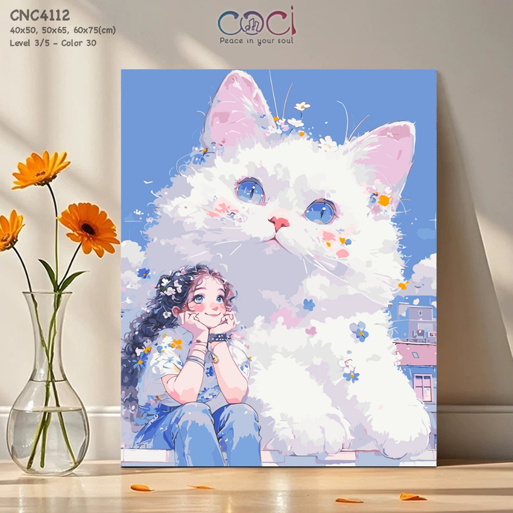 Tranh Số Hóa Tô Màu Theo Số Dễ Thương Chữa Lành COCI Cô Gái Và Mèo Trắng Full Dụng Cụ Tô CNC4112