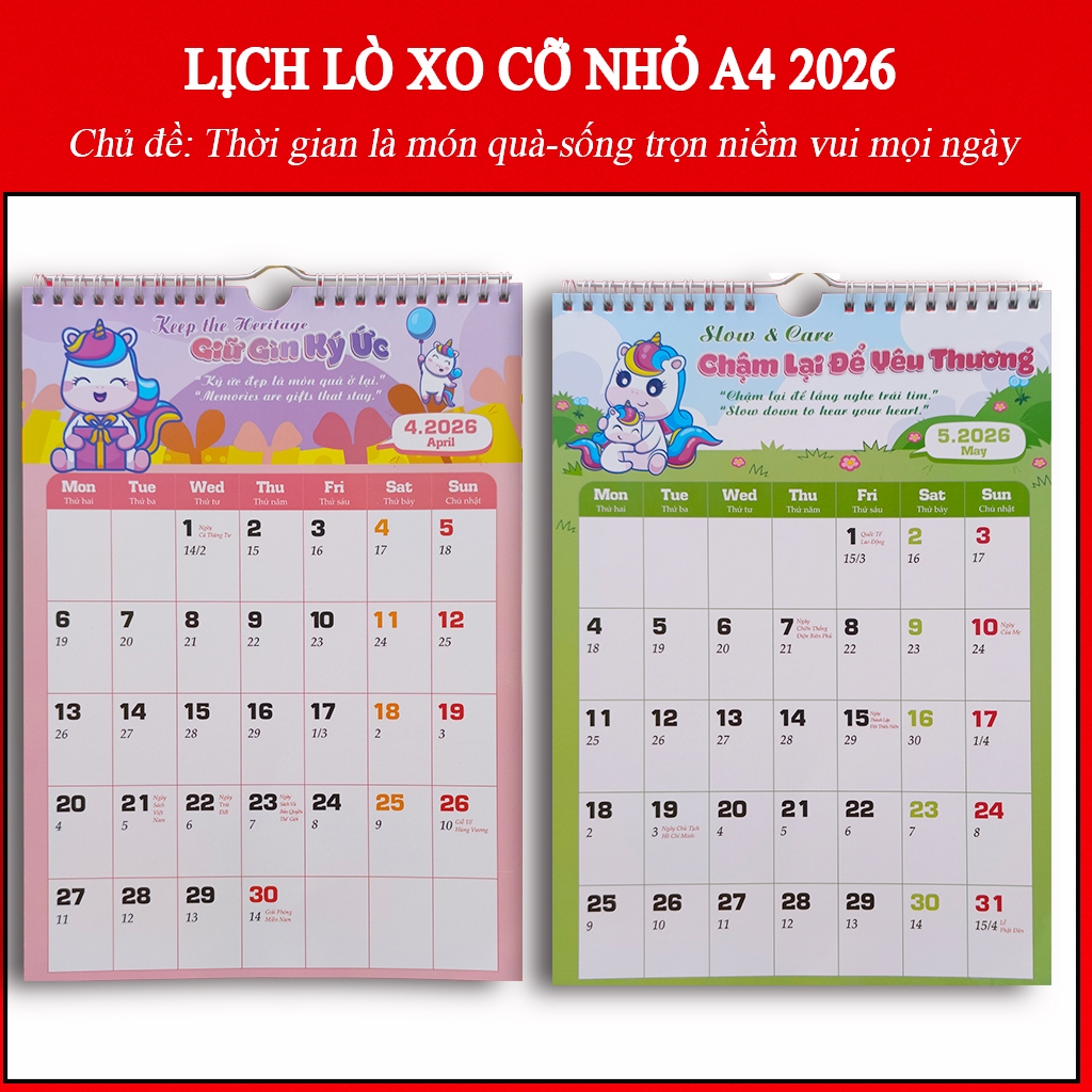 Lịch Lò Xo Treo Tường Cỡ Nhỏ A4 2026 – Chủ đề Thời gian là món quà