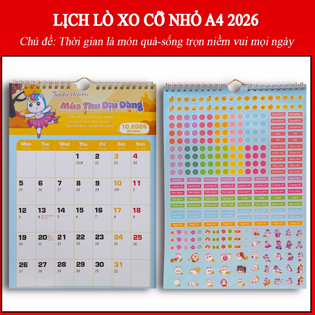 Lịch Lò Xo Treo Tường Cỡ Nhỏ A4 2026 – Chủ đề Thời gian là món quà