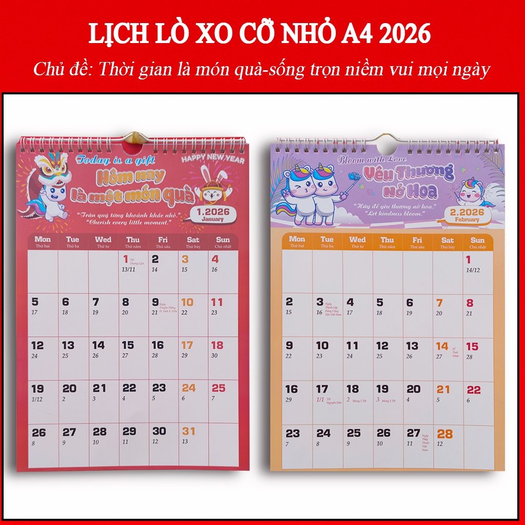 Lịch Lò Xo Treo Tường Cỡ Nhỏ A4 2026 – Chủ đề Thời gian là món quà