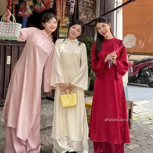 CÓ BIGSIZE - Áo dài lụa HÂN DƯ dài tay vân hoa in 3D phối cúc bọc truyền thống kèm quần Satin AD201