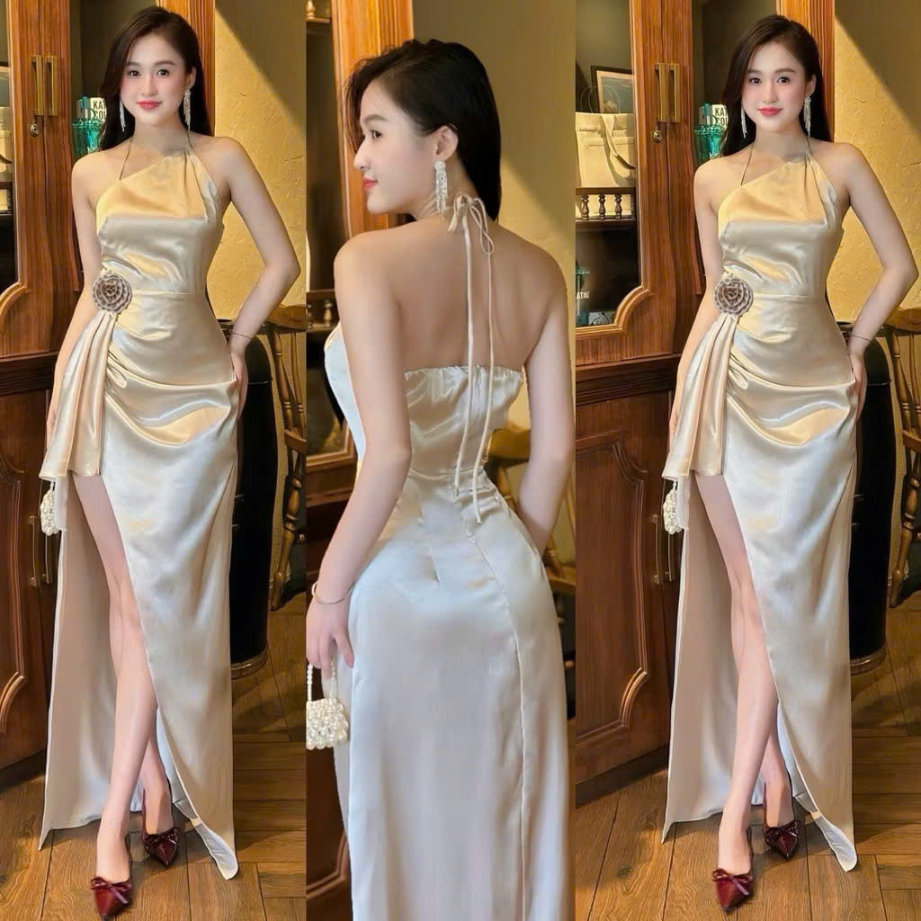 ĐẦM LỤA HÀN CỔ YẾM ĐÍNH HOA EO XẺ CAO – QUYẾN RŨ, SANG TRỌNG, KIÊU SA (CÓ SIZE XS)