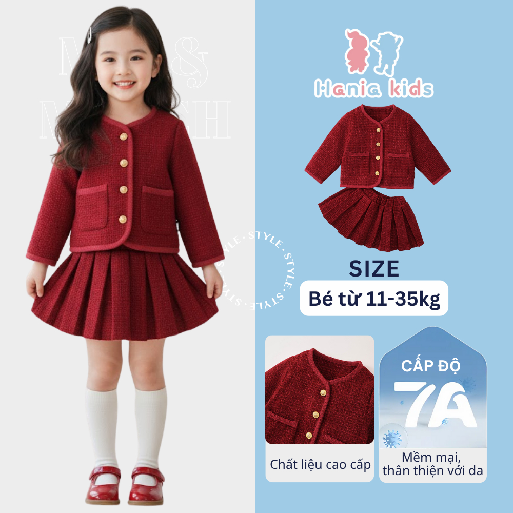 Bộ áo váy bé gái Hania gồm áo và chân váy xếp ly, chất liệu dày dặn cao cấp, mặc đẹp đi học đi chơi