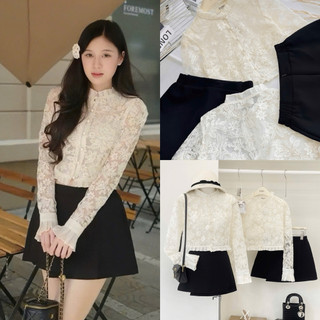 SEP House - Set áo ren hoa tay dài loe dáng crop ngắn phối chân váy A lệch tà sang trọng, thanh lịch -Hàng loại 1