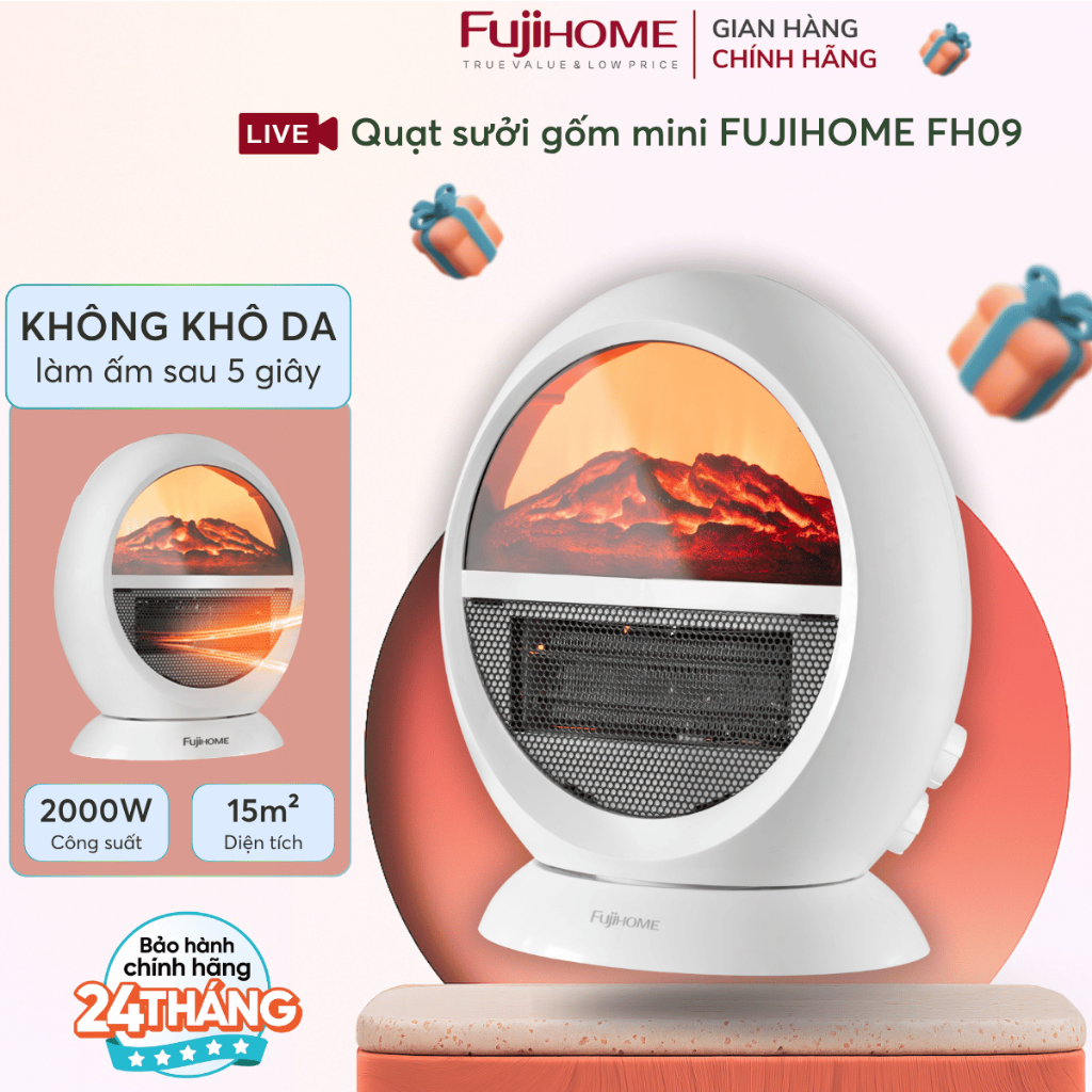 Quạt sưởi mini để bàn hiệu ứng lò sưởi FH09 FUJIHOME, Quạt sưởi không đốt oxy không gây khô da có đảo chiều tự động ngắt