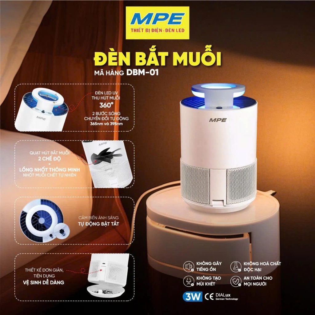 (CHÍNH HÃNG) MPE - Đèn bắt muỗi thông minh, sử dụng đèn LED UV có 2 bước sóng để thu hút muỗi DBM-01