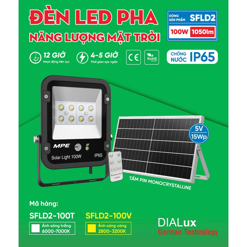 (CHÍNH HÃNG) MPE - Đèn LED pha năng lượng mặt trời 100W-200W ánh sáng trắng