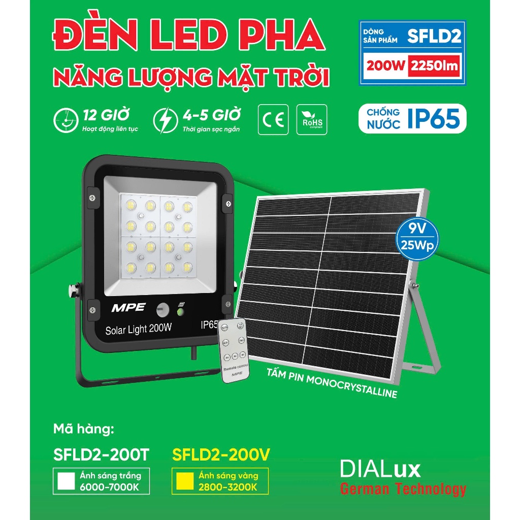 (CHÍNH HÃNG) MPE - Đèn LED pha năng lượng mặt trời 100W-200W ánh sáng trắng