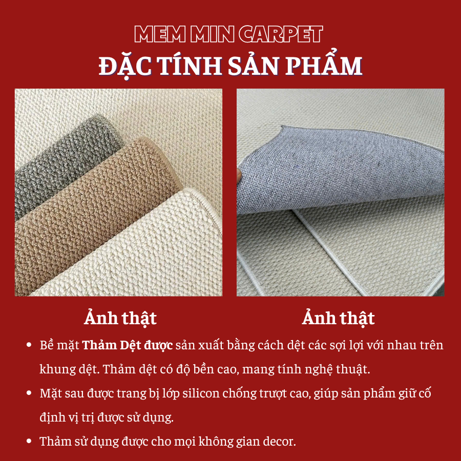 Thảm Dệt Đế Cao Su MemminCarpet Chống Trơn Trượt Phong Cách Hiện Đại Và Sang Trọng, Giúp Căn Phòng Hút Mắt Hơn