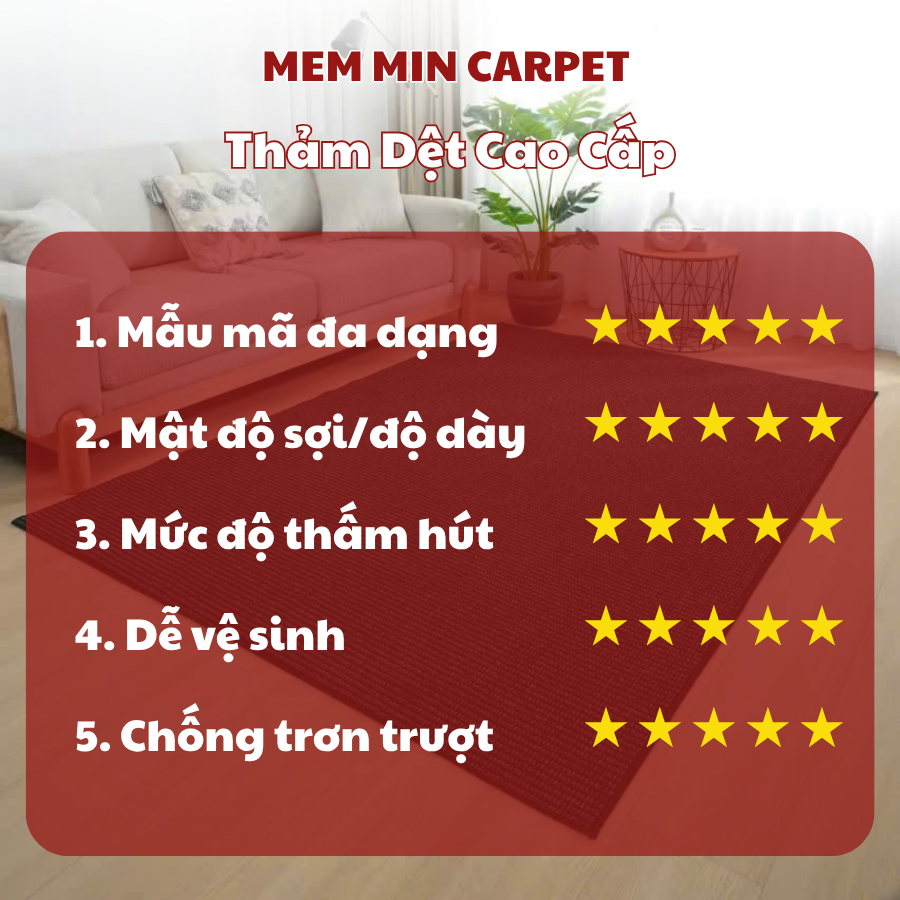 Thảm Dệt Đế Cao Su MemminCarpet Chống Trơn Trượt Phong Cách Hiện Đại Và Sang Trọng, Giúp Căn Phòng Hút Mắt Hơn