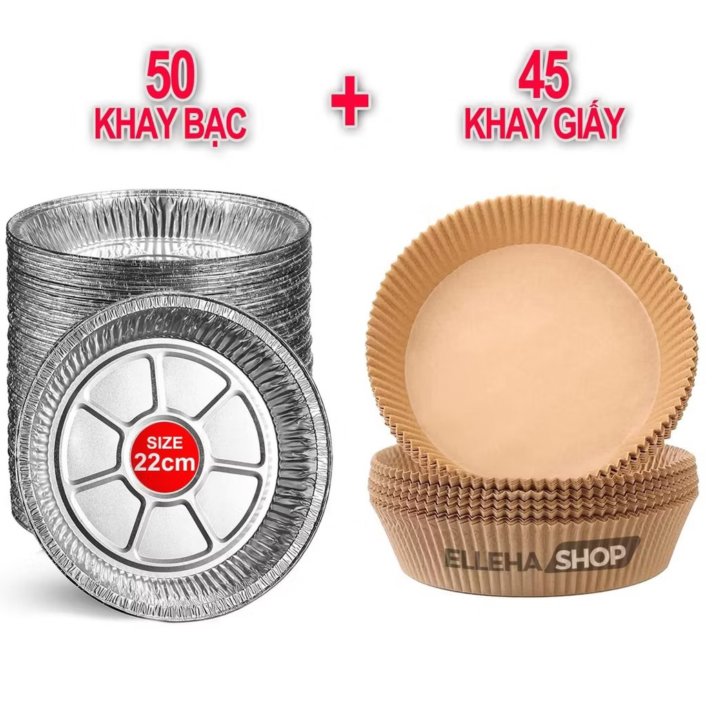 Siêu giảm giá 60% Sét 50 khay bạc và 45 khay giấy nến 22cm cho nồi chiên không dầu 5L-12L, dày cứng, tái sử dụng.