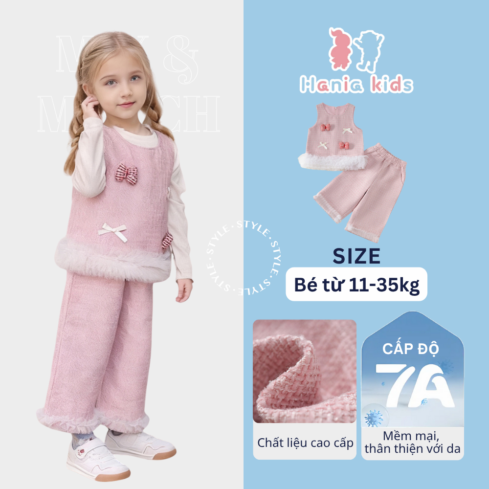 Bộ đồ bé gái Hania Kids gồm áo sát nách phối nơ kèm quần, phong cách ngọt ngào dễ thương