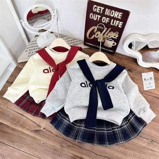 S349-[tomnaukid] Set áo kèm khăn phối chân váy caro xếp ly cho bé gái size từ 8-30Kg