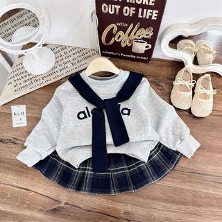 S349-[tomnaukid] Set áo kèm khăn phối chân váy caro xếp ly cho bé gái size từ 8-30Kg