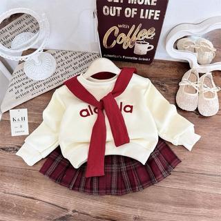 S349-[tomnaukid] Set áo kèm khăn phối chân váy caro xếp ly cho bé gái size từ 8-30Kg