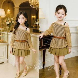 S133-[tomnaukid] Set 3 chi tiết áo lưới + áo dây phối chân váy xếp ly ( có quần bảo hộ) Size từ 8-30Kg