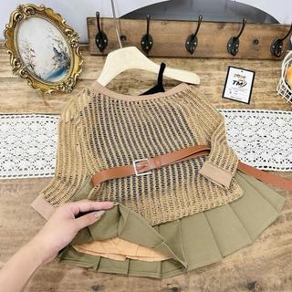 S133-[tomnaukid] Set 3 chi tiết áo lưới + áo dây phối chân váy xếp ly ( có quần bảo hộ) Size từ 8-30Kg
