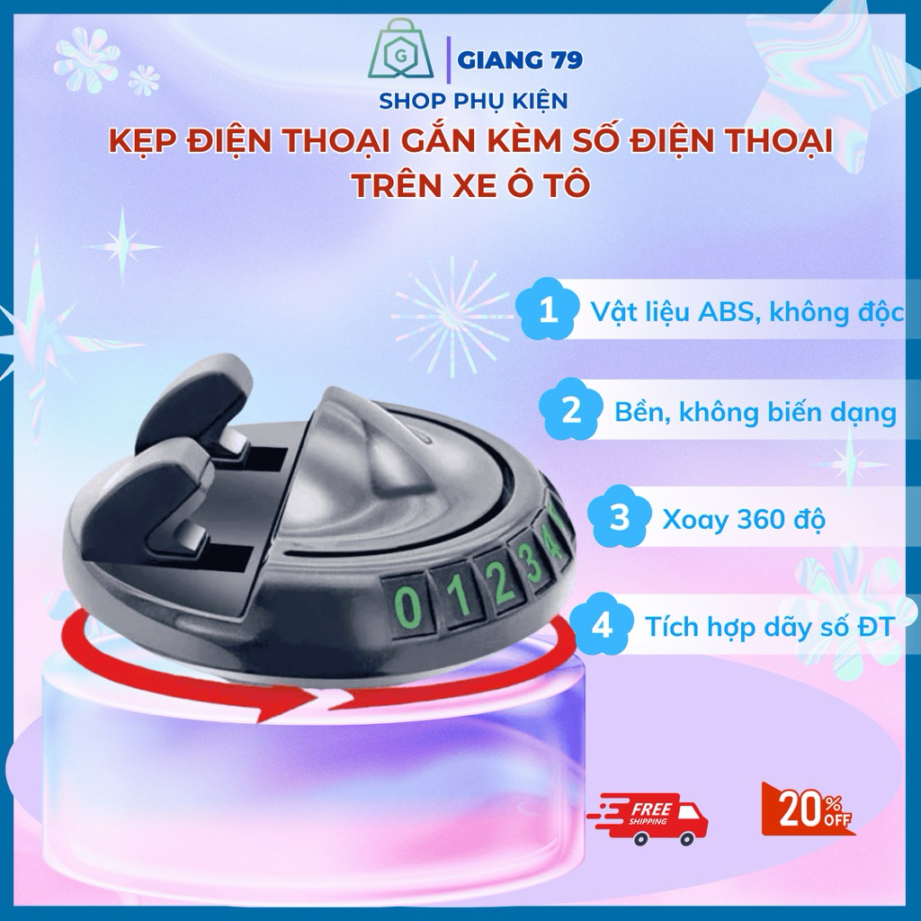 Giá Kẹp Điện Thoại Kèm Bảng Số Điện Thoại Trên ô tô, Xoay 360 độ, Đế Chống Trượt
