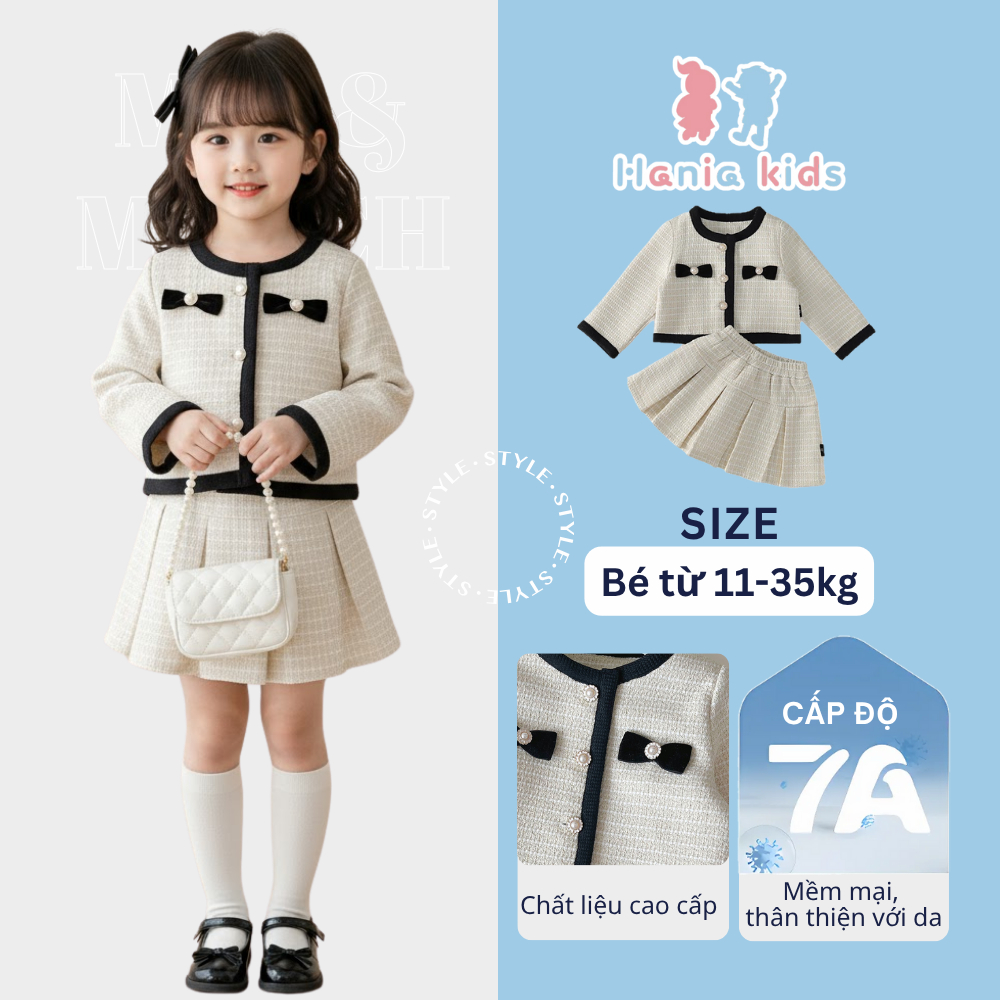 Set Đồ Bé Gái Hania Kids, Áo Dài Tay Phối Nơ Và Chân Váy Xếp Ly Sang Trọng Cho Bé Đi Tiệc, Đi Chơi