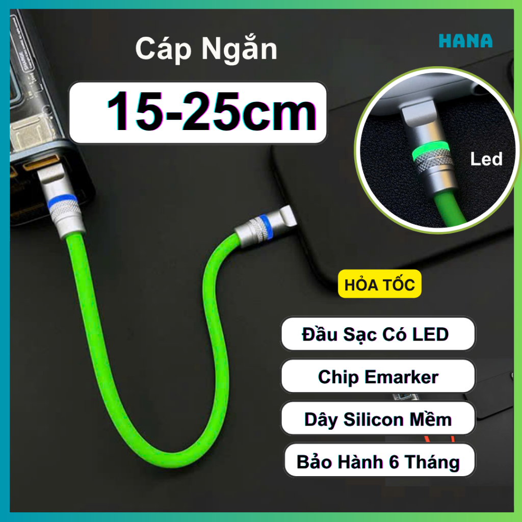 Cáp Sạc Ngắn 5A - 15cm, 25cm - Có LED đổi màu - Chip E-Marker - Type C to C Sạc nhanh 100W PD - Silicone Dẻo Mềm