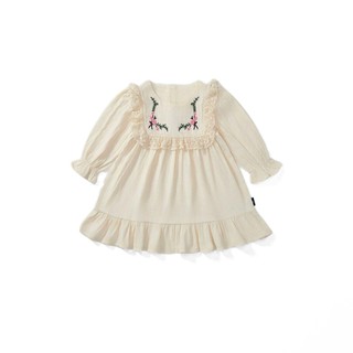Váy Cho Bé Gái, Váy Dài Tay Cho Bé Gái Thiết Kế Thêu Hoa Tay Bo Chun Chất Cotton Mềm Mại