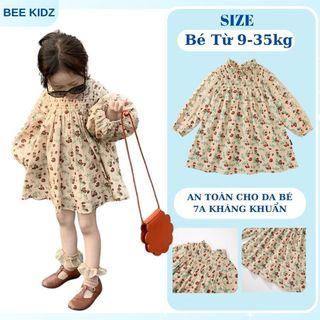 Váy Cho Bé Gái, Váy Dài Tay Thiết Kế Hoa Nhí Cổ Nhún Bèo Chất Liệu Cotton Mềm Mại
