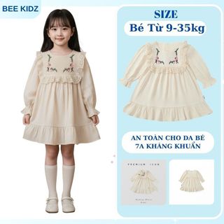 Váy Cho Bé Gái, Váy Dài Tay Cho Bé Gái Thiết Kế Thêu Hoa Tay Bo Chun Chất Cotton Mềm Mại