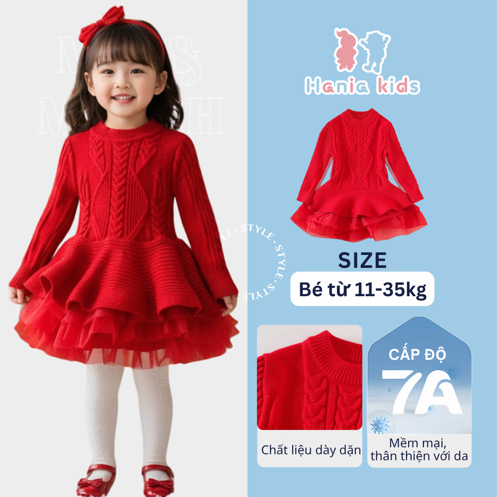 Váy Len Bé Gái Mùa Đông Hania Kids, Váy Thiết Kế Dài Tay, Phối Voan Tầng Xinh Xắn
