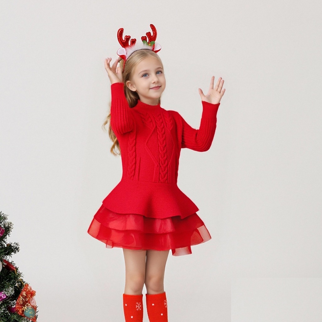 Váy Len Bé Gái Mùa Đông Hania Kids, Váy Thiết Kế Dài Tay, Phối Voan Tầng Xinh Xắn