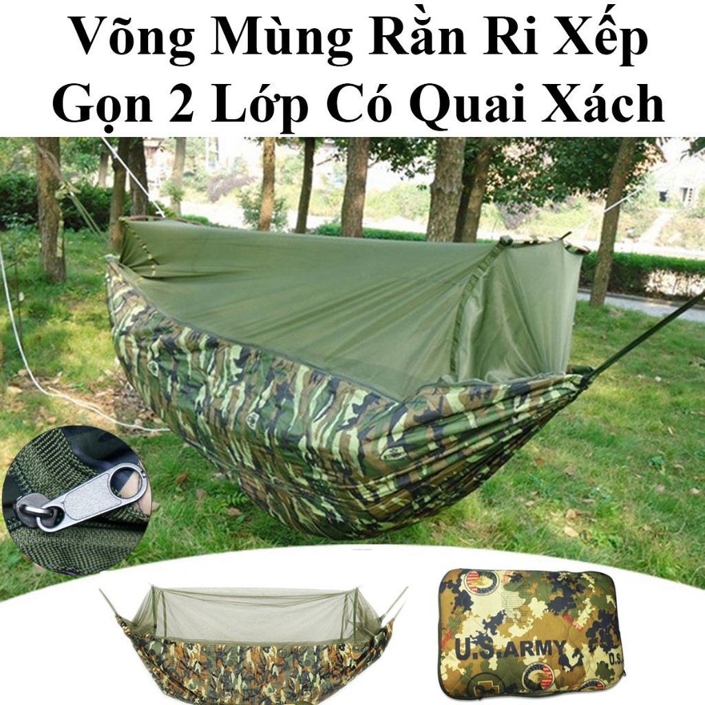 Võng Mùng Rằn Ri Xếp Gọn 2 Lớp Có Quai Xách Tiện Lợi