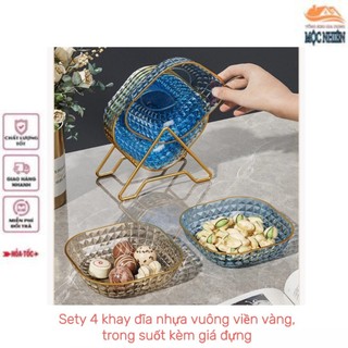 Set 4 khay đĩa nhựa viền vàng trong suốt đựng trái cây, thực phẩm đa năng, kèm giá đựng trang trí sang trọng