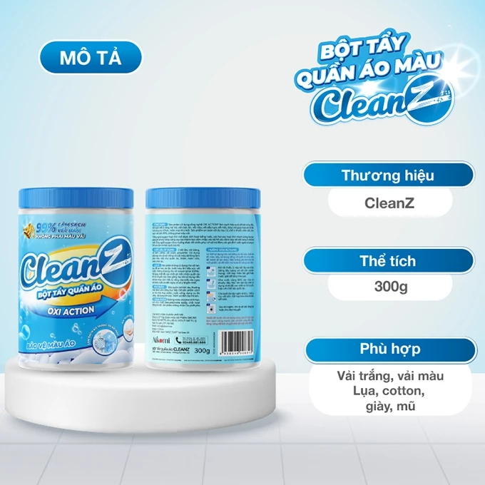 Bột tẩy quần áo, bột tẩy làm sạch quần áo, đánh bay vết ố vàng CleanZ lọ 300g