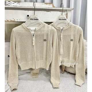 LT - Áo len nữ lưới dài tay khoá kéo, kiểu len lỗ khoác mỏng nhẹ, free size 1383
