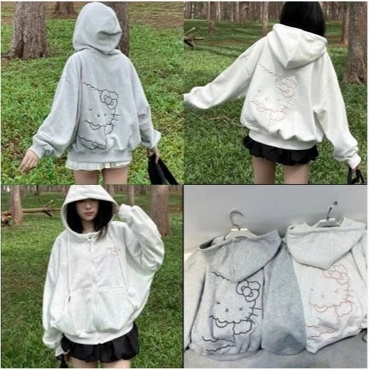 Áo khoác nỉ nữ nam nữ lot lông mũ khuy bâm 2 lớp DẬP NỔI Mặt mèo trước sau-Áo khoác nỉ mũ 2 lớp fresize 38-65kg