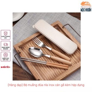 [Hàng đẹp] Bộ muỗng đũa nĩa cao cấp chất liệu inox, cán gỗ, kèm hộp đựng - tiện dụng, siêu bền