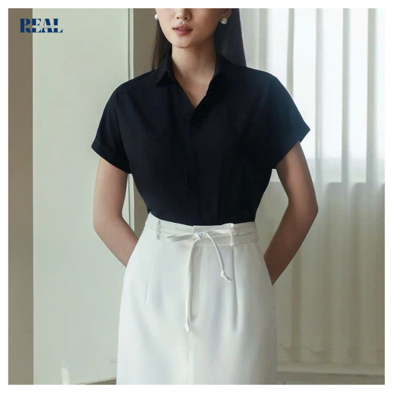 Sơ mi công sở oversized tay ngắn cánh dơi REAL CLOTHES (tổng hợp màu), ít nhăn, có nút dự phòng