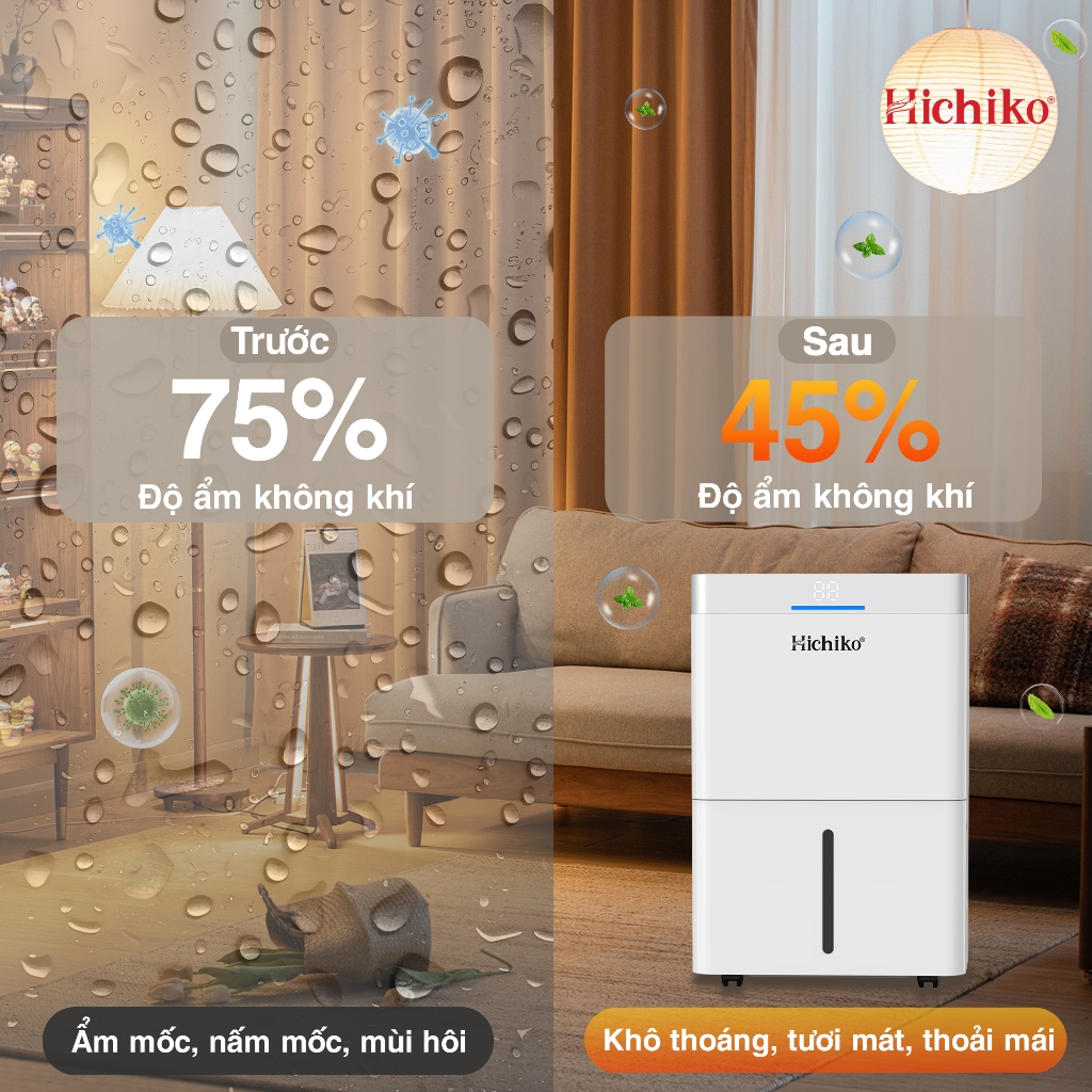 Máy hút ẩm Hichiko HC35DH04 dành cho diện tích từ 60-100m2, công suất hút 35L/ngày