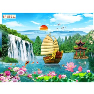 Tranh Lụa Kim Tuyến Decor Phong Thủy Thuyền Vàng Biển Xanh Hút Tài Vượng