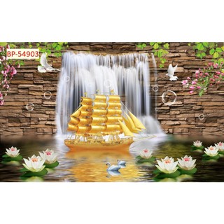 Tranh Lụa Kim Tuyến Decor Phong Thủy Thuyền Vàng Biển Xanh Hút Tài Vượng