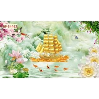 Tranh Lụa Kim Tuyến Decor Phong Thủy Thuyền Vàng Biển Xanh Hút Tài Vượng