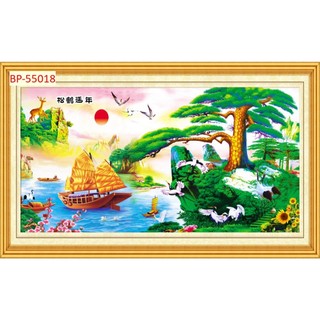 Tranh Lụa Kim Tuyến Decor Phong Thủy Thuyền Vàng Biển Xanh Hút Tài Vượng